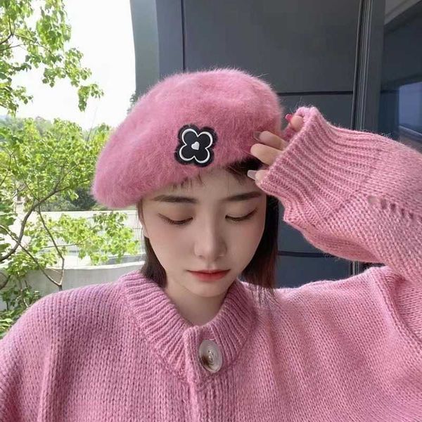 

berets japanese gentle girl flower rabbit fur beret women's autumn and winter students warm wild all matching paint cap g220612, Blue;gray