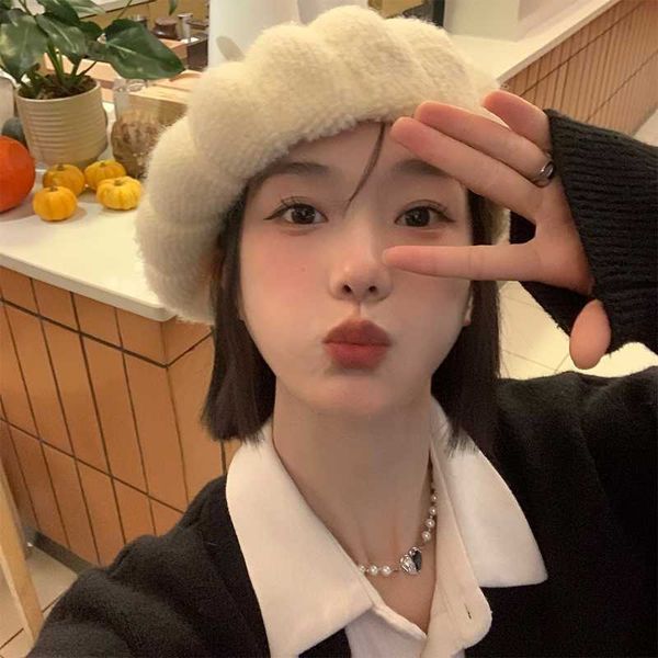 

berets cute pumpkin autumn and winter warm solid knitting big bud paint hat fashion women's beret g220612, Blue;gray