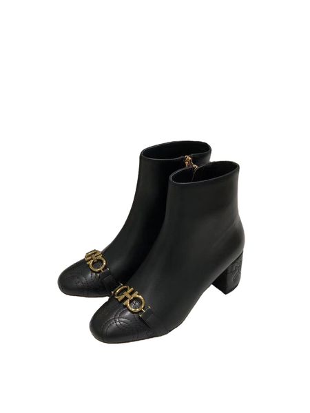 

designer luxury boots women tall boots shoes all kind of style leather biker boot round toe chunky heel martin boots belt buckle trim, Black