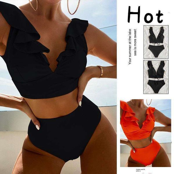 

way solid color backless womens high waist swimsuit fashion ruffles split bikini, White;black