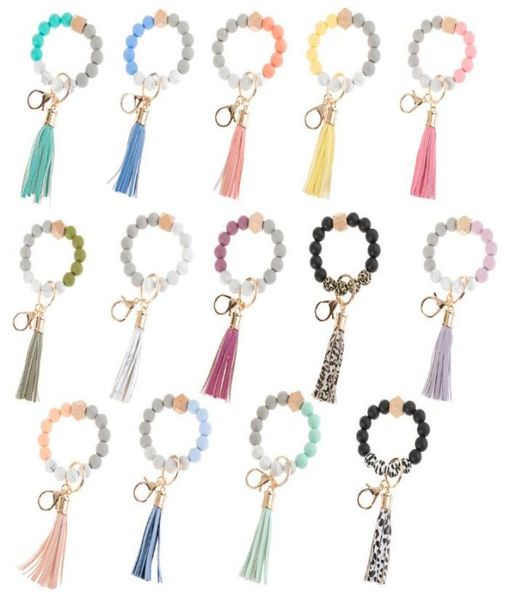 

12 colors silicone beads tassel bead string bracelet keychain food grade leopard wooden beads bracelets for women girl key ring wr4464393, Silver