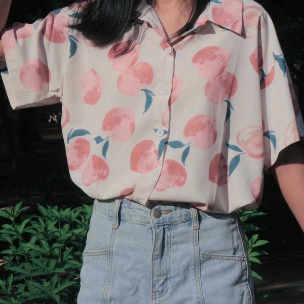 

peach fruit full shirt women blouse 2022 summer pink floral chic short sleeve lady sweet button up shirt harajuku korean, White
