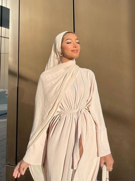 

jeans 2 pieces matching muslim sets eid wrinkle abayas for women dubai turkey hijab dress open abaya kimono arabic prayer islam outfit, Blue