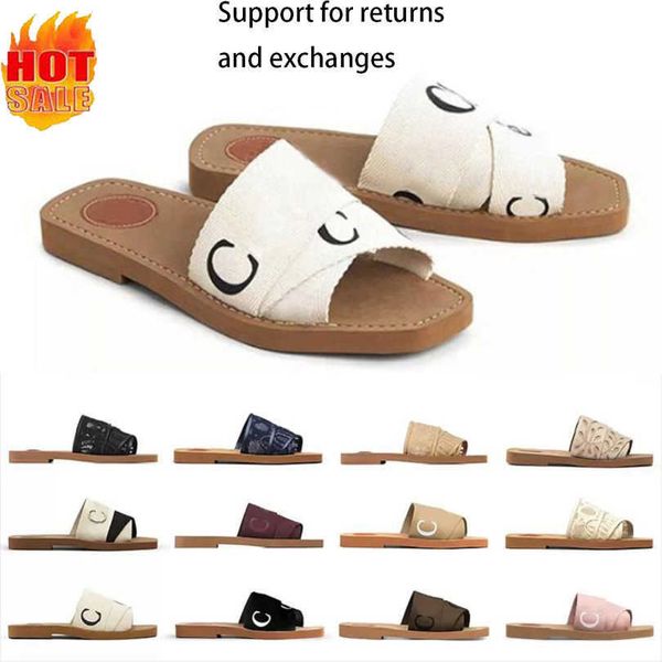 

2023 designer woody slide sandals slippers for women mules flat slides light tan beige white black lace lettering fabric canvas womens summe