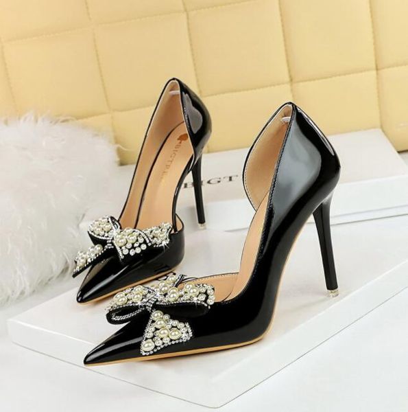

luxury women heels bowknot pearl rhinestone woman pumps patent leather high heels pointed stilettos ladies shoes party shoe, Black