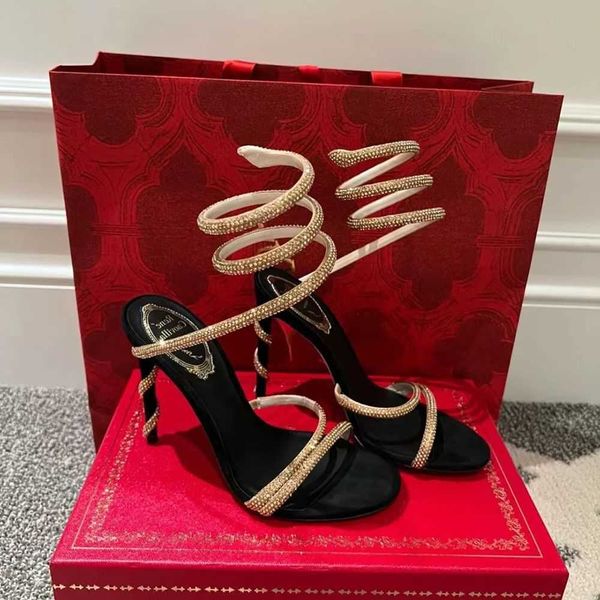 

rene caovilla crystals embellished rhinestone heels sandals cleo 95mm designers ankle wraparound women high heeled sandal flower rhinestone, Black