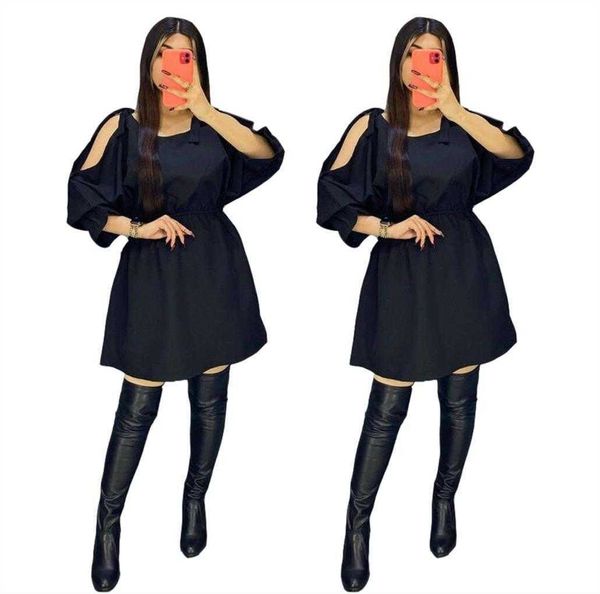 

spring summer casual dresses womens wear fashion tie off the shoulder solid color dress, Black;gray