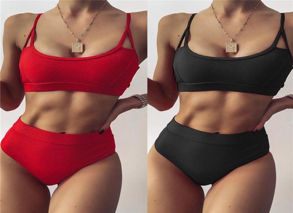 

ribbed bandeau push up bikini 2021 solid swimwear women high waist swimsuit sport bathing suit swimming biquini7719748