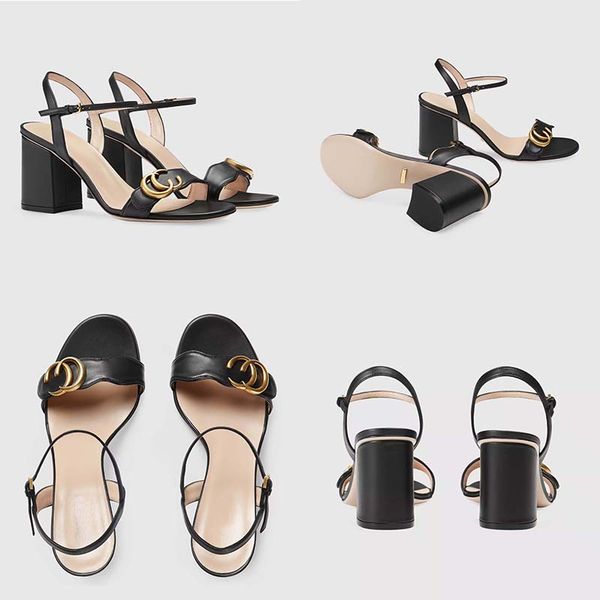 

high heels women's sandals new thick heels 5cm 7cm everything match one word buckle women's sandals open toe sandals bronze buckle, Black