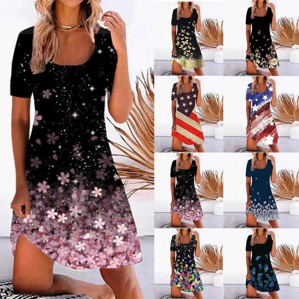 

womens positioning flower print dress short sleeve round neck, Black;gray