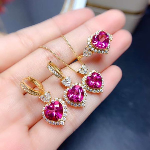 

14k gold heart cut ruby jewelry sets 925 sterling silver party wedding rings earrings necklace for women bridal charm jewelry