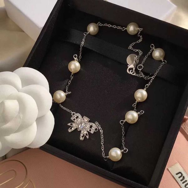 

miao miu's girls' heart bow french pearl necklace women's texture versatile jewelry accessories collar chain, Silver