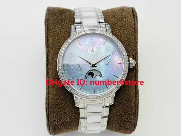 

tw 4305t/000r-b947 diamond lady womens watch cal.112qp automatic mechanical sapphire crystal luxury wristwatches mother-of-pearl dial moonph, Slivery;brown