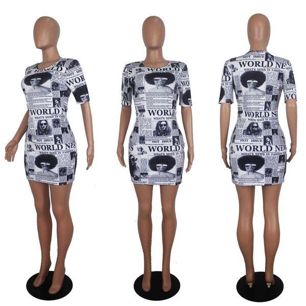 

womens clothing newspaper printing short sleeve dress, Black;gray