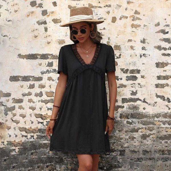 

summer fashion womens dresses wear black lace stand collar stitching dress, Black;gray