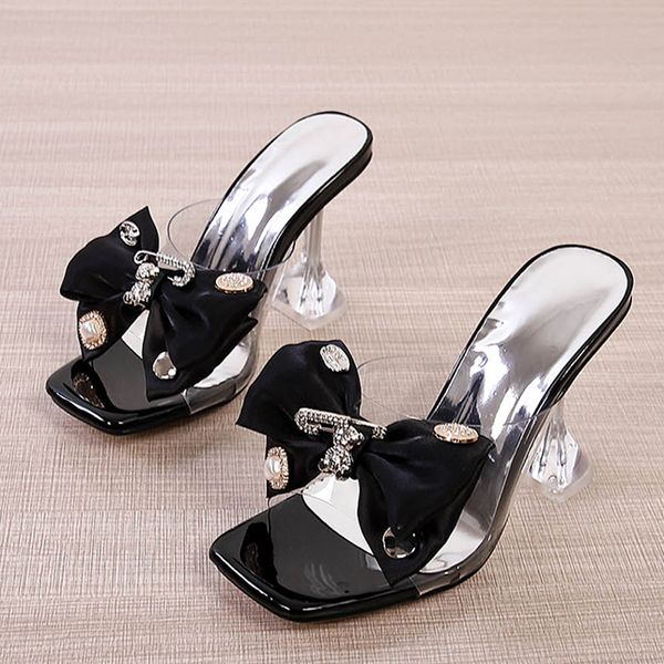 

liyke big size 46 female shoes summer party slippers fashion metal buckle bowknot designer sandals women transparent heels slide, Black