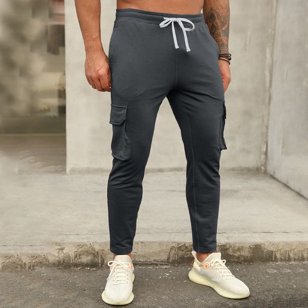 

long pants men drawstring slim-fit joggers men with pockets, White