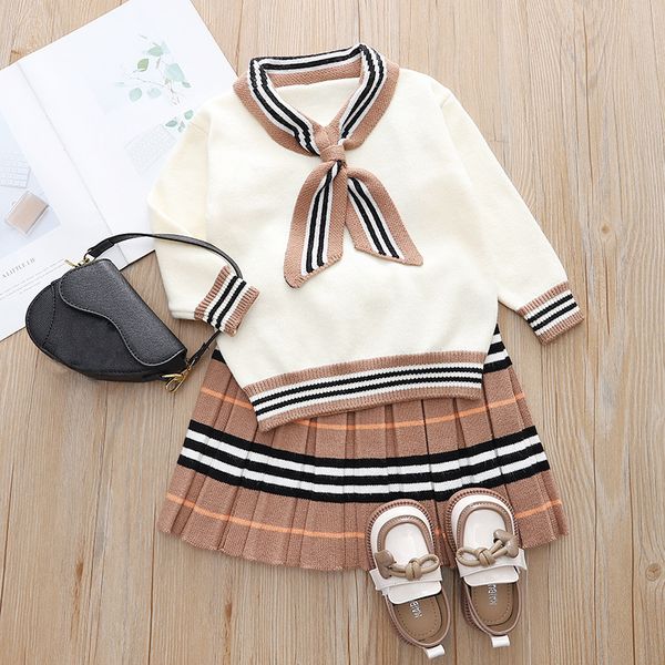 

Kids Girls Baby Knitted Sets Fashion Winter Sweaters Tops Ruffles Skirt Outfits Children Clothes Suit 1-6T, Beige