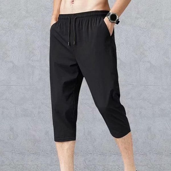 

ice silk harem pants mens mid-calf length pants casual solid drawstring trousers summer pants for sports men pantalones, Black