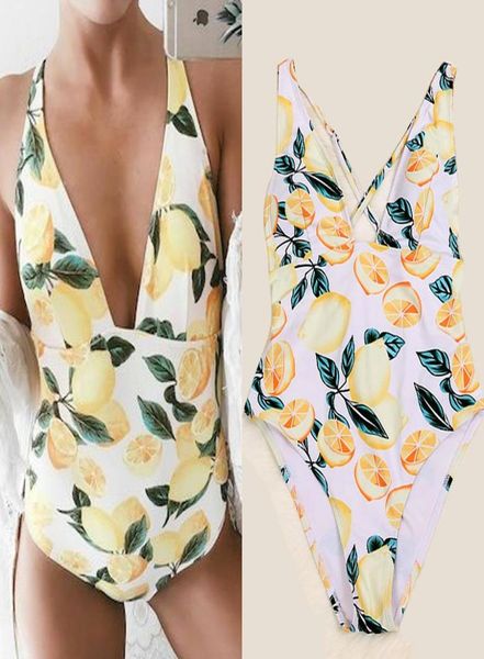 

onepiece suits lemon print one piece swimsuit women bathing suit 2021 brand vneck swimwear plus size xl push up padded bra 2103960