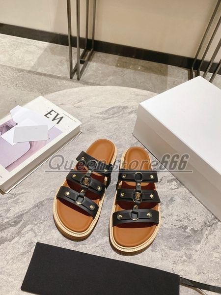 

slippers high version c family arc de triomphe slippers for women 2023 summer new thick soled leather roman sandals flat bottomed flip flops, Black