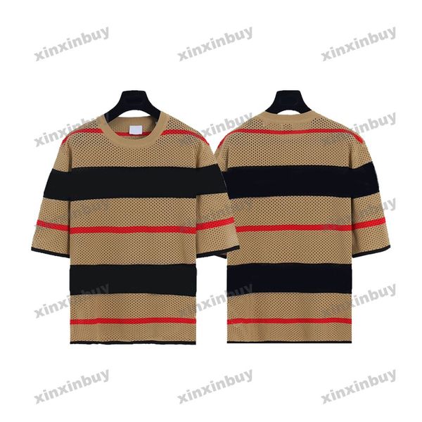 

xinxinbuy men designer tee t shirt 23ss nylon mesh fabric pattern stripe short sleeve women black blue white brown s-xl, Black;brown