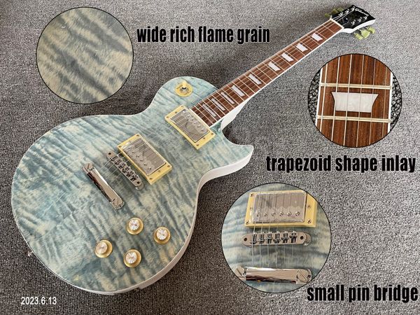 

electric guitar gray blue color body transparent guitar back satin finished can touch wood grain no seal no paint small pin