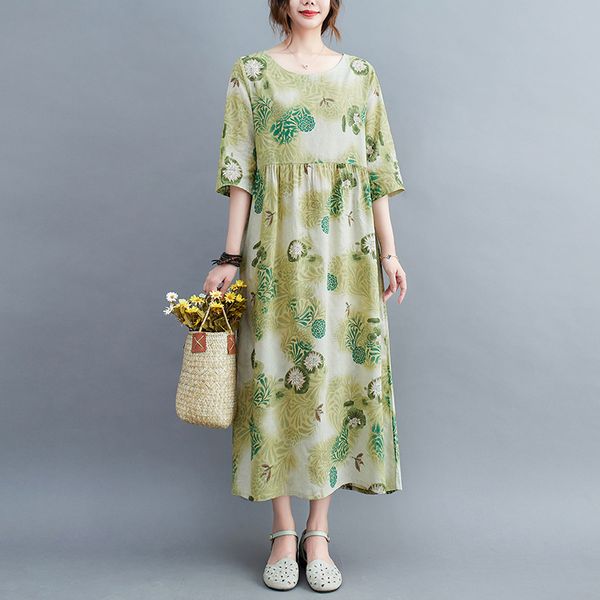 

2023 new arrival print floral prairie chic vintage summer dress thin soft cotton linen loose women casual dress lady work, Black;gray