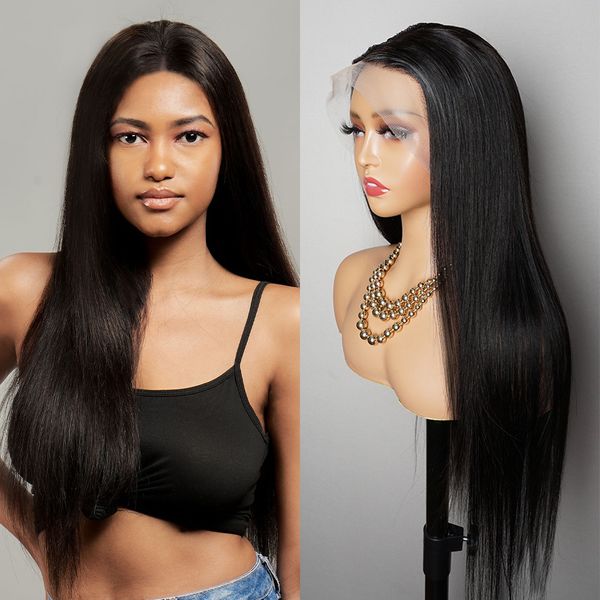 

13x4 lace frontal wig natural color 26 inch straight lace wig remy brazilian human hair wig for women, Black;brown