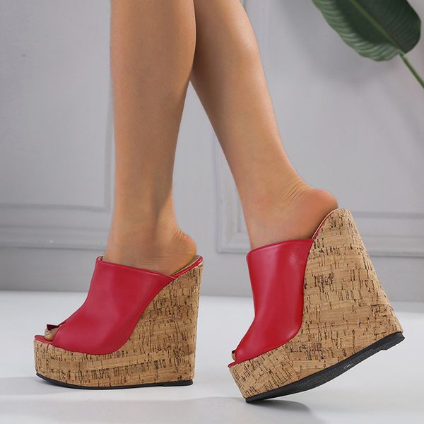 

liyke 2023 new super 15cm high heels platform wedges slippers for women red leather peep toe summer sandals female shoes, Black