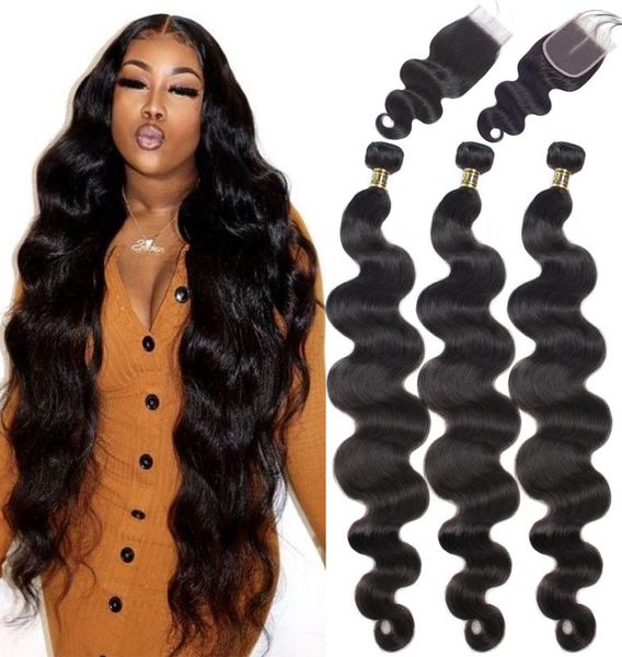 

body wave 8 28 30 32 40 inch brazilian hair 3 4 weave bundles with 4x4 lace closure frontal remy human hair7888515, Black
