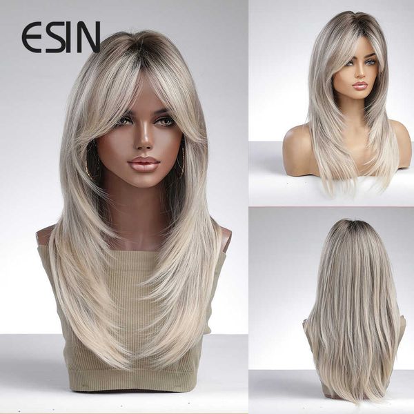 

lace wigs esin synthetic wig medium ombre dark color to white blonde wigs for women ombre layered hair with dark roots z0613, Black;brown