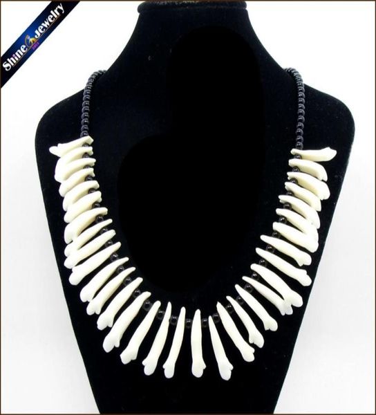 

real wolf tooth fangs canine pendant chain black glass beaded strand choker chunky statement bib necklace amulet tribal jewelry 201232329, Silver