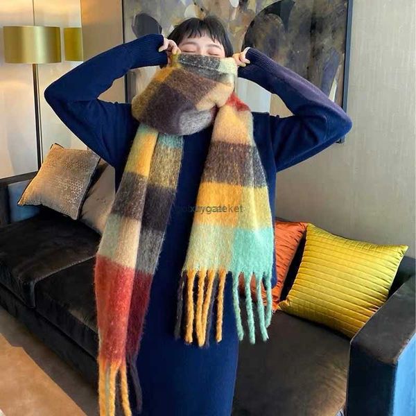 

scarves fringe scarf 2022 winter ac color matching rainbow plaid shawl bohemian couplet4ml, Blue;gray