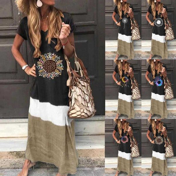 

plus size womens dresses long loose contrast stitching short sleeves dress, Black;gray