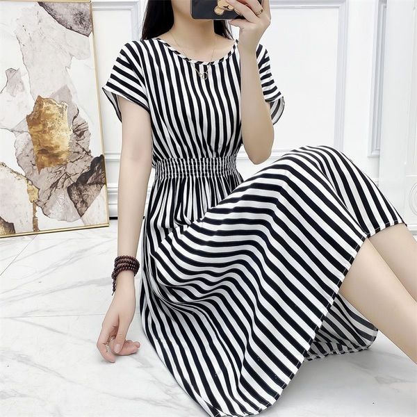 

elegant o-neck printed spliced loose shirring midi dress female clothing 2023 summer new short sleeve office lady floral, Black;gray