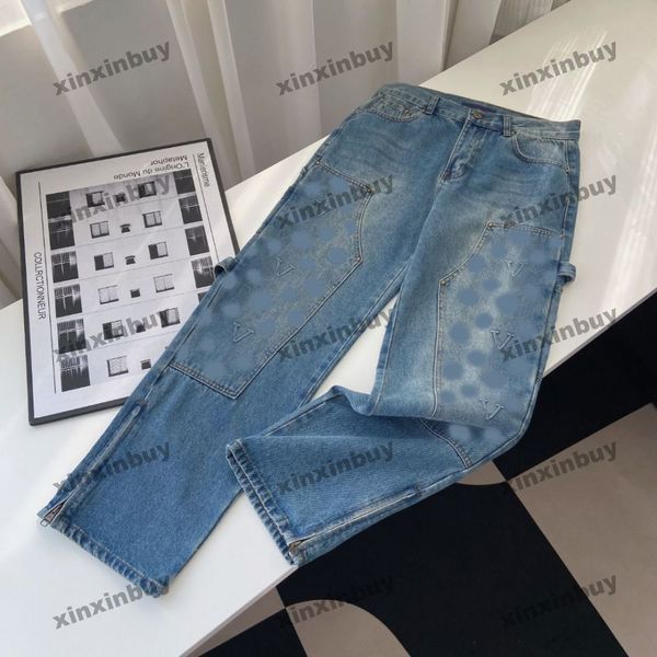 

xinxinbuy men women designer pant emboss letter denim jeans zipper hems pocket destroyed spring summer casual pants blue m-2xl, Black;brown
