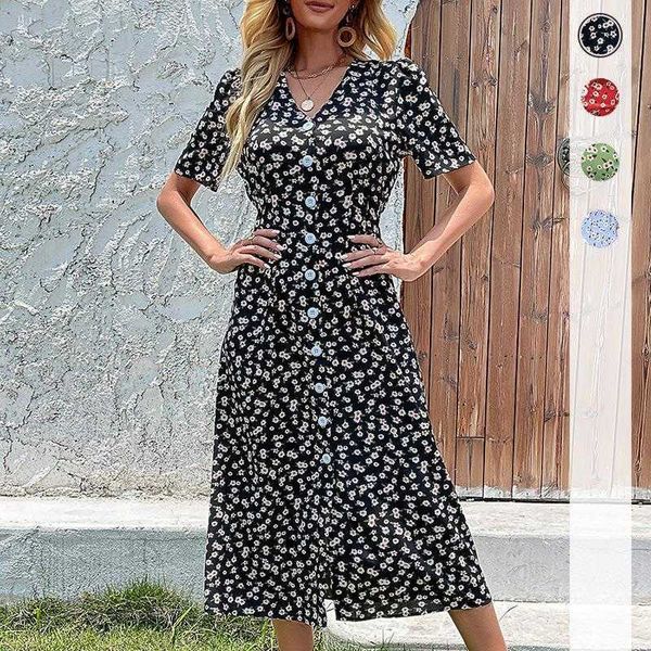 

summer fashion womens clothing floral dresses split mid length dress, Black;gray