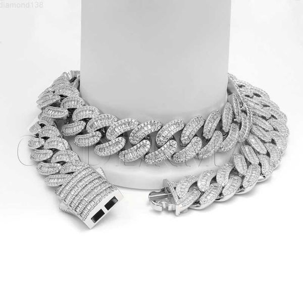 

cuban chain hip hop jewelry iced out d vvs baguette moissanite diamond chain 925 sterling sliver 16mm width cuban link chain, Silver