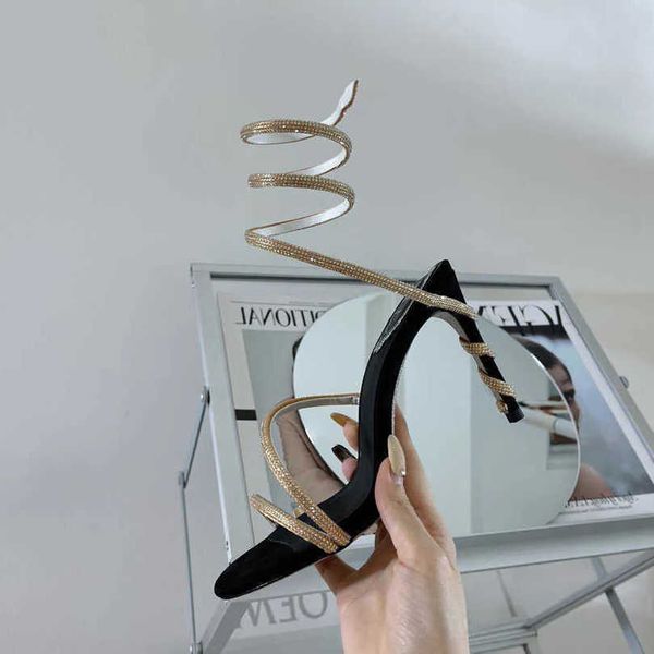 

rene caovilla cleo crystal-studded snake strass stiletto heels sandals evening shoes for women high heeled ankle wraparound, Black