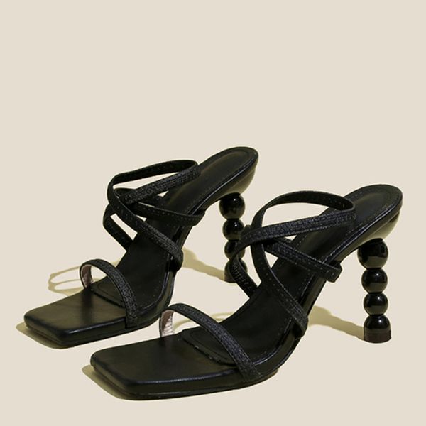 

liyke strange style high heels women cozy stretch slip-on back strap sandals fashion square toe summer shoes sandalias de mujer, Black