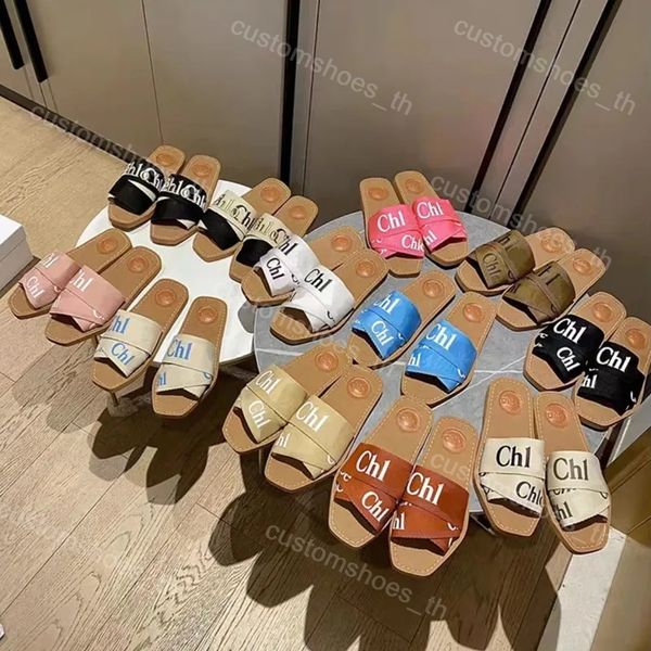 

designer slippers woody flat mules women sandals leather slipper canvas slides letter printing sandal classic summer beach shoe rubber slide, Black