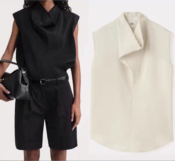 

tote-e black viscose blend pleated lapel sleeveless shirt 23 summer new high-end feeling shirt, White