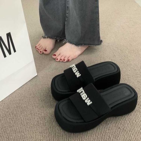 

poe heel black letter water diamond cool slippers for women 2023 summer new casual matsuke thick sole elevated women's shoes