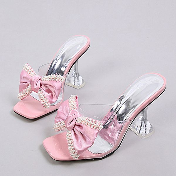 

liyke 2023 new style pink women slippers sandals fashion pearl bowknot high heels pvc transparent shoes summer mule slides pumps, Black