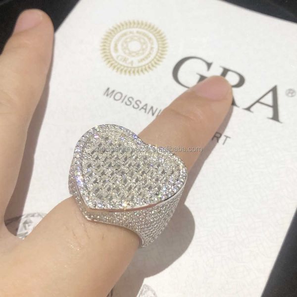 

customized european and american street trend t square ring hip hop silver moissanite heart-shaped ring jewelry