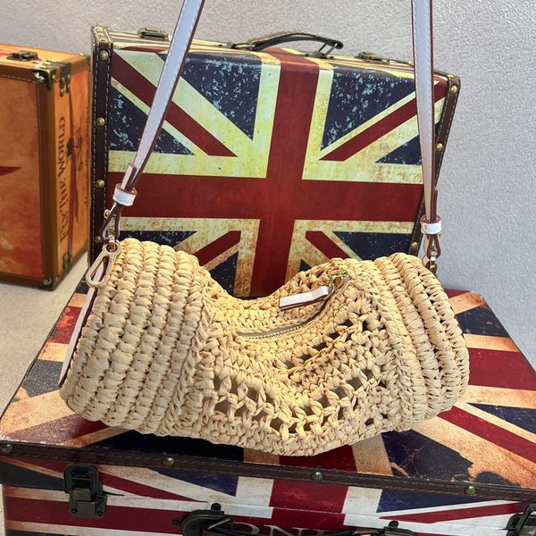 

new straw woven shoulder bags women hollow out mini cross body bag two in one bundled closed inner pouch side fashion letters zipper closure