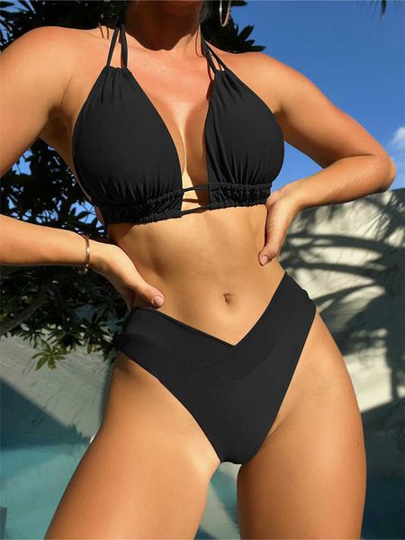 

women's swimwear dark green halter bikini high waisted push up swimsuit two piece set summer beach women's swimwear solid bathing, White;black