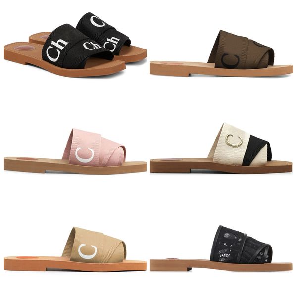 

designer sandals for women woody sandals slipper designer mules flat slides light tan beige white black pink lace lettering fabric canvas sl