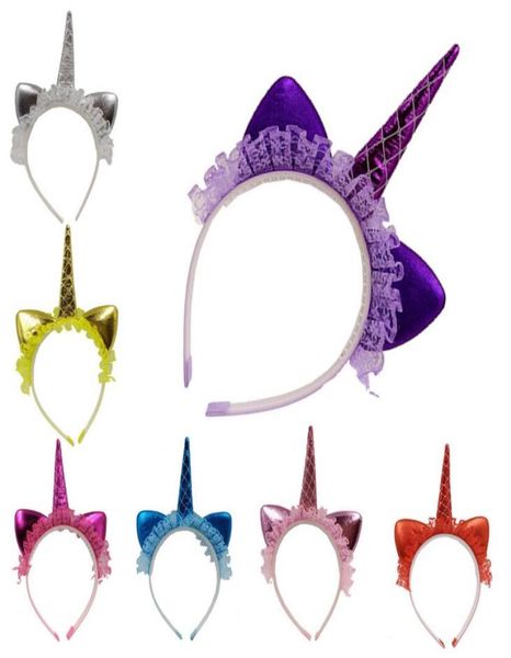 

ins baby girls unicorn lace headband children birthday party props kids cartoon cat ear cute lovely hairband7806891, Slivery;white